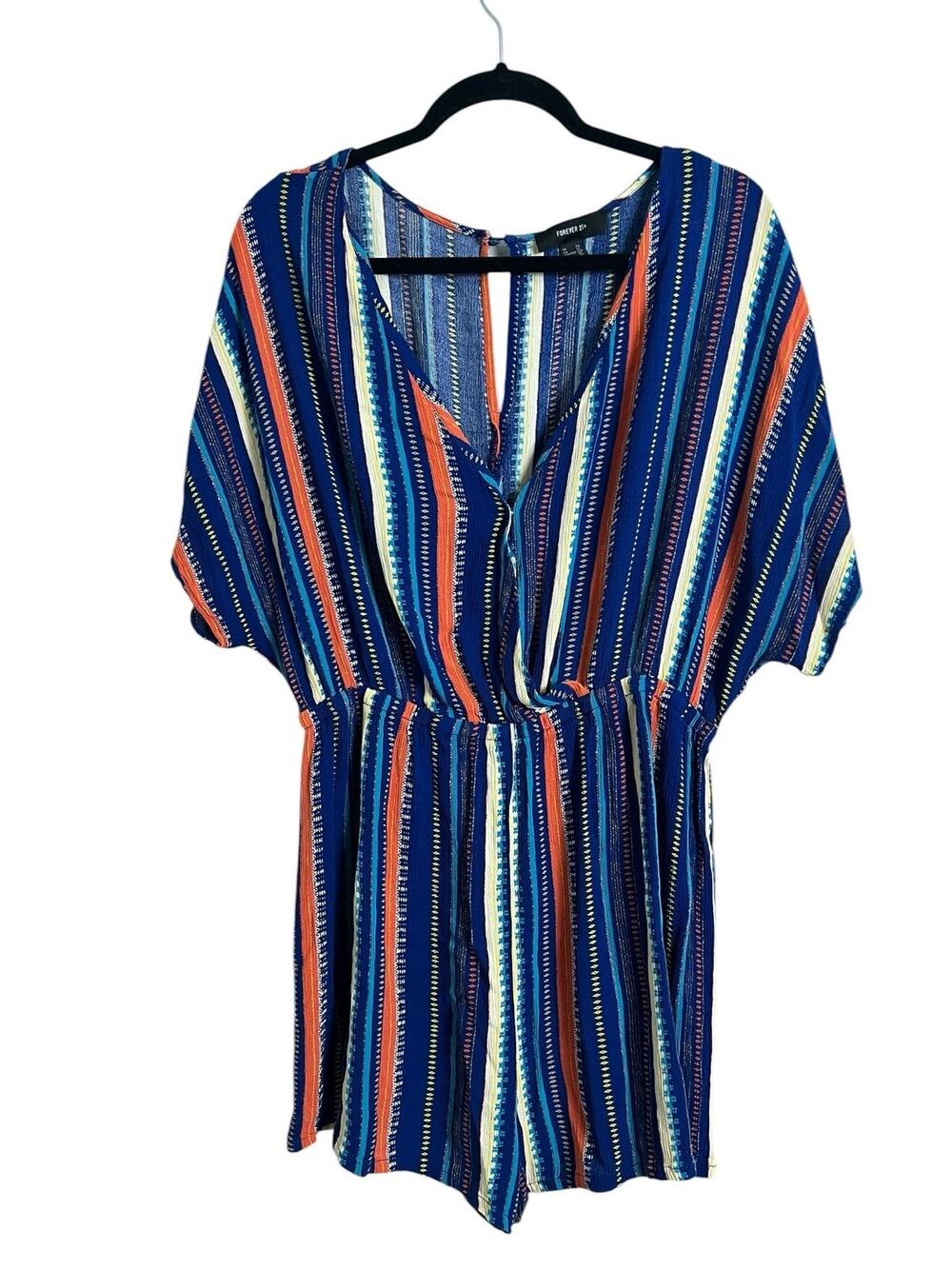 Forever 21 Romper Womens 2X Blue Striped V Neck Elastic Waist Short Sleeve Boho